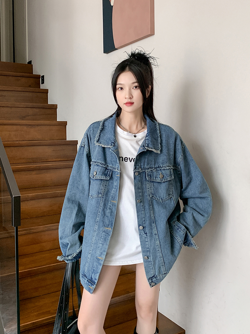 Real shot ~ Retro raw edge distressed denim jacket for women autumn loose casual workwear jacket trendy ins