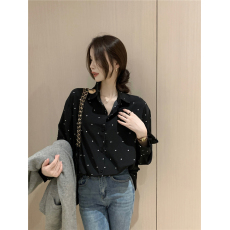 批发法式chic复古翻领撞色波点<b class='q'>衬衫</b>落肩袖宽松百搭长袖<b class='q'>衬衣</b>