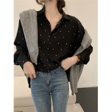 批发法式chic复古翻领撞色波点<b class='q'>衬衫</b>落肩袖宽松百搭长袖<b class='q'>衬衣</b>