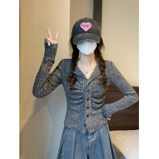 批发实拍实价 纯欲风设计感褶皱辣妹开衫针织衫收腰磨毛上衣
