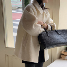 批发尺寸已更新 INS简约复古翻领别致单排扣宽松百搭长袖毛呢<b class='q'>大</b>衣外套