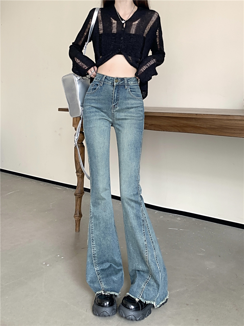 ~New high-waisted slim fit retro raw edge bootcut denim trousers