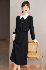 实拍◆有现货◆2023秋款法式文艺气质黑色显瘦假两件长袖连衣裙