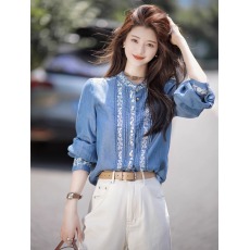 批发大喜自制【】<b class='q'>吉普</b>赛系列｜复古蓝色牛仔<b class='q'>衬衫</b>女夏刺绣天丝上衣