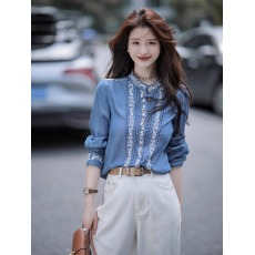 批发大喜自制<b class='q'>吉普</b>赛系列｜复古蓝色牛仔<b class='q'>衬衫</b>女夏刺绣天丝上衣