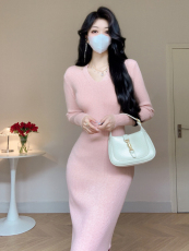 御姐高级感法式气质修身包臀开衩长裙显身材长袖针织连衣裙秋冬季