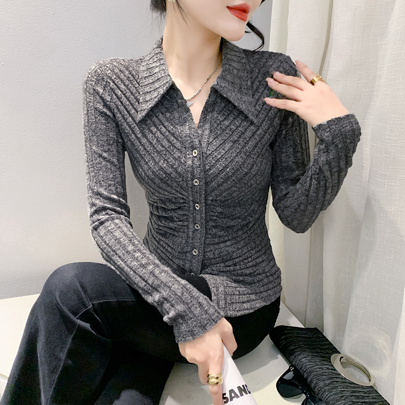 한 부서 패션 주름 몸매 가꾸기 폴로 칼라 단추 여성 셔츠 가을 겨울 Chic 질감 센스 긴팔 품격 작은 셔츠 트렌디