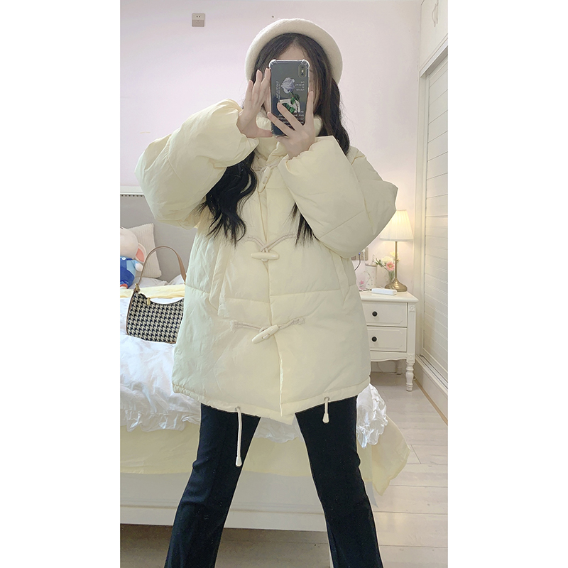 白色短款羽绒服女2023冬季韩国版小个子立领加厚牛角扣面包服外套