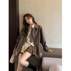 批发2025秋季新款韩系通勤咖色长袖宽松显瘦小香风皮衣<b class='q'>外套</b>女