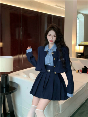 实拍实价！学院风高级感套装西装外套条纹衬衫百褶裙子三件装女
