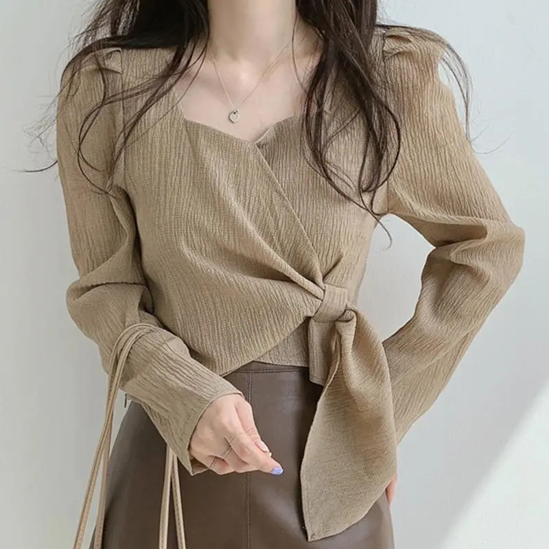 Spring and Autumn Top Design Niche 2023 Korean Square Neck Bubble Long Sleeve Straps Slimming and Temperamental Shirt for Women