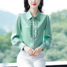 批发实拍 2026春秋新款木耳领桑蚕丝上衣真丝衬衫<b class='q'>女</b>高端洋气打底衬衣