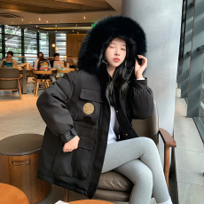 白鸭绒实拍2023新款羽绒服女时尚工装大毛领小个子派克服风衣外套