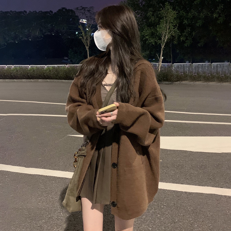가을 겨울 의류 새로운 한국 ins 느긋한 바람 빅 보드 종류 빅 사이즈 니트 오픈 가디건 루즈핏 V넥 스웨터 여성 코트