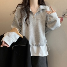 实拍大码高领半拉链polo卫衣女秋款休闲慵懒风美式假两件上衣1608