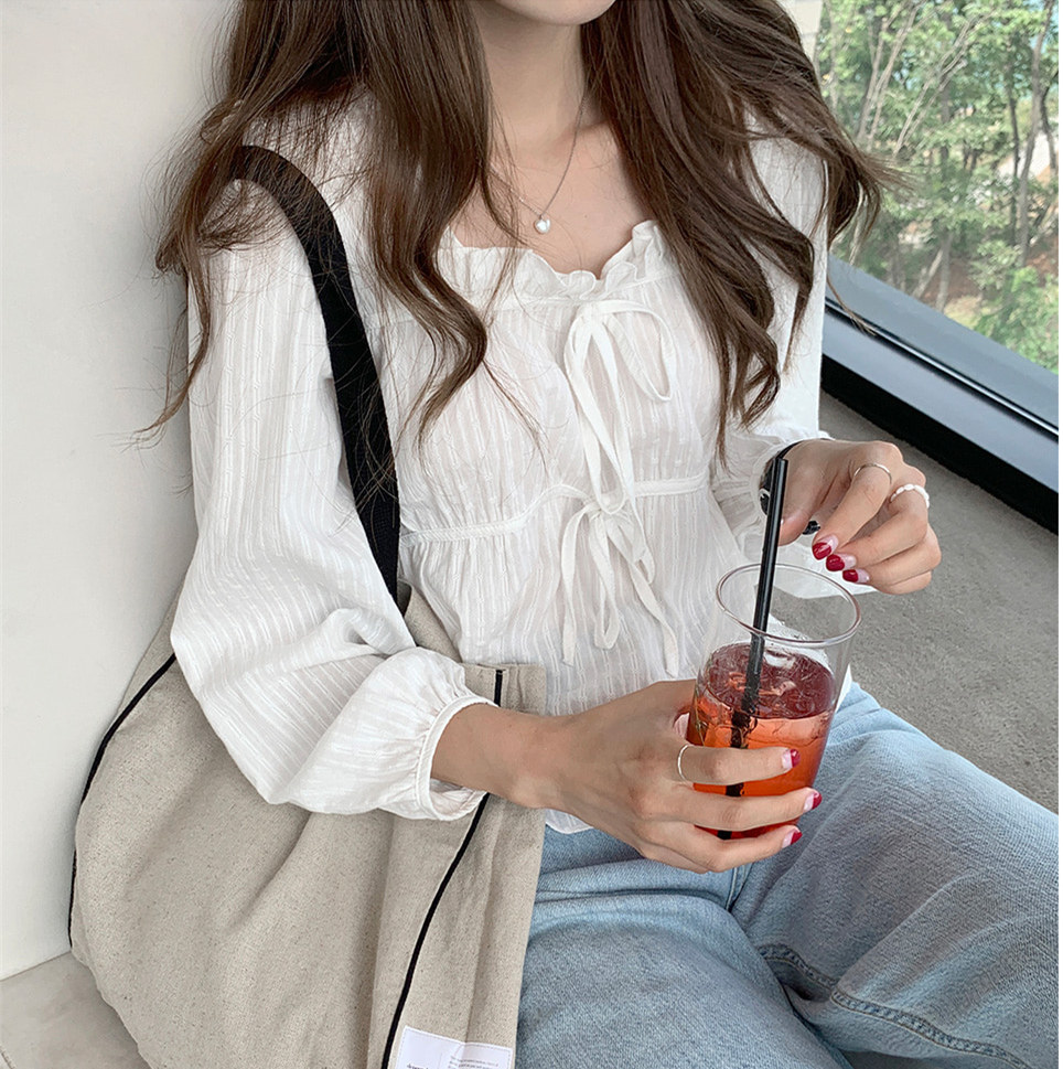 한국 스타일 부서 벨트 측면 칼라 주름 쇼트 스타일 자카드 긴팔 여성 셔츠