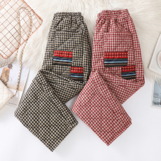 批发实拍文艺复古贴布格子休闲棉裤女宽松高腰显瘦夹棉加厚保暖哈伦裤