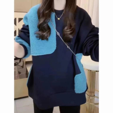 批发韩版冬季加绒加厚百搭新款宽松设计感撞色拼接<b class='q'>套头卫衣</b><b class='q'>女</b>