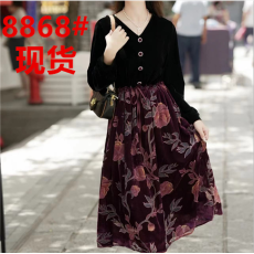 批发丝绒<b class='q'>连衣裙</b>秋季新款V领提花时尚拼接裙子