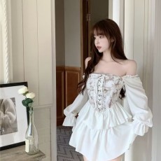 批发水墨扎染不规则<b class='q'>连衣裙</b>女春夏设计感小众一字肩收腰绑带宫廷<b class='q'>蓬蓬裙</b>