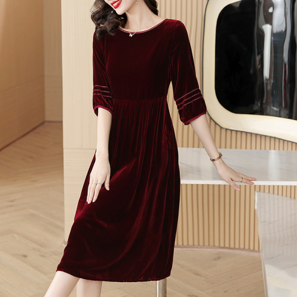 RM24431#真丝丝绒连衣裙气质时尚高端优雅中长裙红