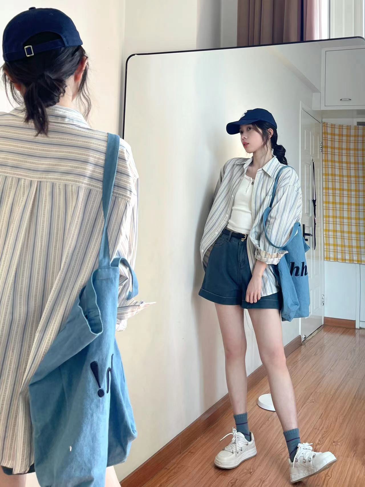 Long-sleeved shirt for women spring and autumn thin design niche blue striped French top shirt jacket