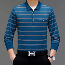 批发真口袋男士长袖T恤秋季丝光棉polo衫上衣中老年爸爸装春秋打底衫