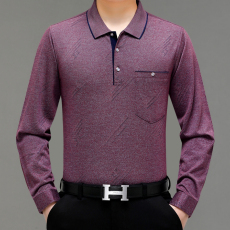 批发中年爸爸秋装长袖t恤新款春秋季棉质抗菌休闲翻领口袋男士polo衫