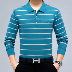 批发加肥加大码条纹长袖T恤男胖子爸爸装翻领体恤特大号真口袋宽松t恤