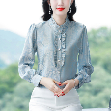 批发实拍春秋季新款木耳领桑蚕丝立领上衣真丝衬衫女高端妈妈打底衬衣