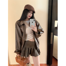 批发实拍~秋冬 港风复古感机车夹克皮衣外套+<b class='q'>百褶</b>短款高腰皮裙三件套