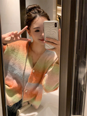 实拍实价 美式复古多巴胺扎染V领针织开衫女秋冬宽松毛衣外套女
