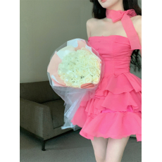 批发实拍实价~2023秋轻熟一字肩雪纺抹胸显瘦中长款蛋糕式<b class='q'>连衣裙</b>礼服