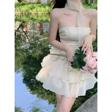 批发实拍实价~2023秋轻熟一字肩雪纺抹胸显瘦中长款蛋糕式<b class='q'>连衣裙</b>礼服