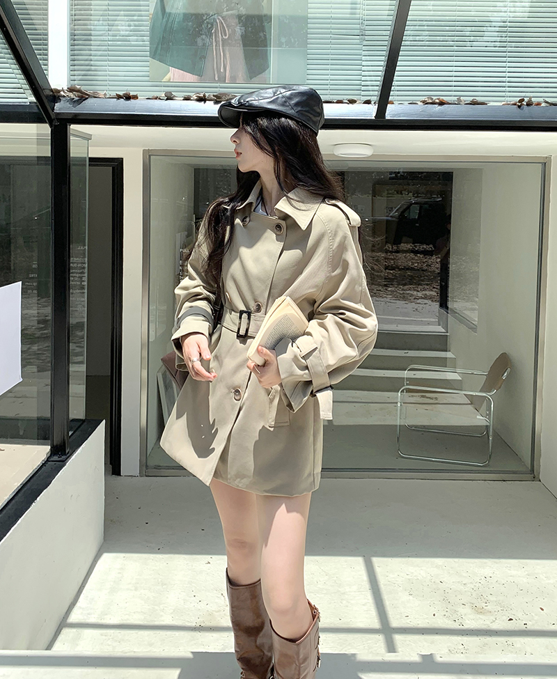 Real shot ~ Large size slightly fat temperament windbreaker coat for small women, loose and slim double-breasted mid-length coat