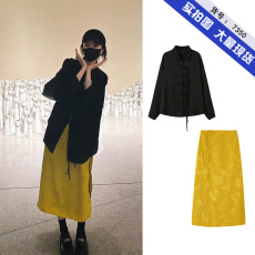 批发23秋新款<b class='q'>杨幂</b><b class='q'>同款</b>国风新中式黑色衬衫搭配黄色绸缎提花半身裙<b class='q'>套装</b>