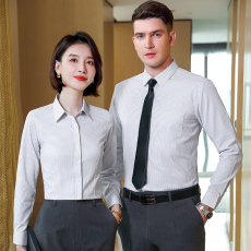 批发夏秋条纹<b class='q'>衬衫</b>男女同款工作服职业套装长<b class='q'>短袖</b>工装<b class='q'>衬衣</b>定制刺绣LOGO
