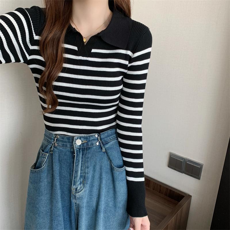 Spring 2023 new style striped short long-sleeved T-shirt slim and chic top bottoming shirt mercerized cotton
