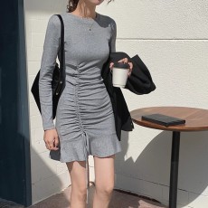 批发韩版秋季新款纯棉高弹力韩版显瘦抽绳包臀设计感打底性感<b class='q'>连衣裙</b>