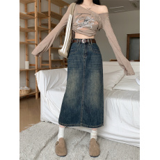 批发高腰开叉牛仔半身裙女2025新款春秋a字裙包臀半裙小个子梨形长裙
