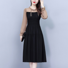 批发2025<b class='q'>春</b>秋新款假两件大码女装胖mm气质显瘦拼接撞袖长袖连衣裙子
