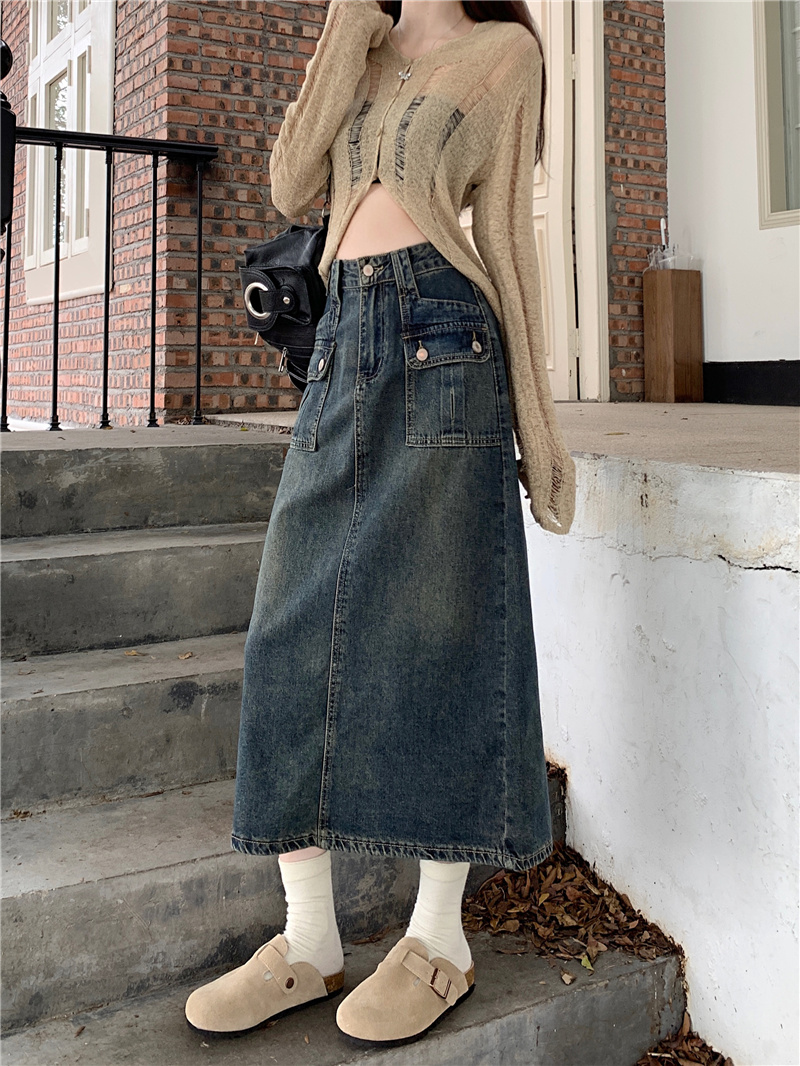 ~New retro slit half denim skirt high waist work pocket design denim A-line long skirt for women