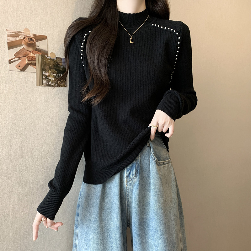 실사 빅 사이즈 여성 의류 지방 mm 가을 겨울 새로운 패션 무거운 작업 비즈 박기 반하이넥 기본 셔츠 다용도 니트 맨위