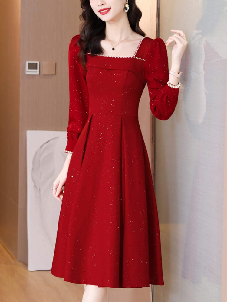 PF22885# 端庄大气红色连衣裙女士礼服裙高级质感中长裙秋季裙子新娘敬酒服女裝貨源服裝批發