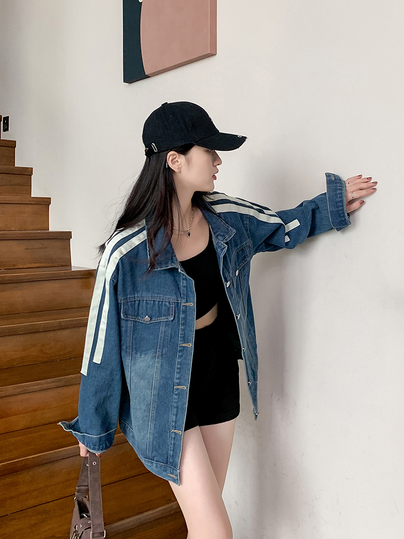 Actual shot ~ Denim Striped Jacket Women's Autumn Loose Slim Long Sleeve Cardigan Washed Distressed Jacket Top