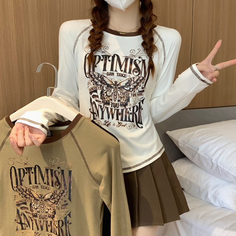 MY17133# 新款长袖T恤女内搭打底衫设计感美式印花休闲洋气上衣女裝貨...