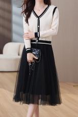 实拍现货2023秋冬高端显瘦气质针织连衣裙韩版淑女假两件拼接裙子