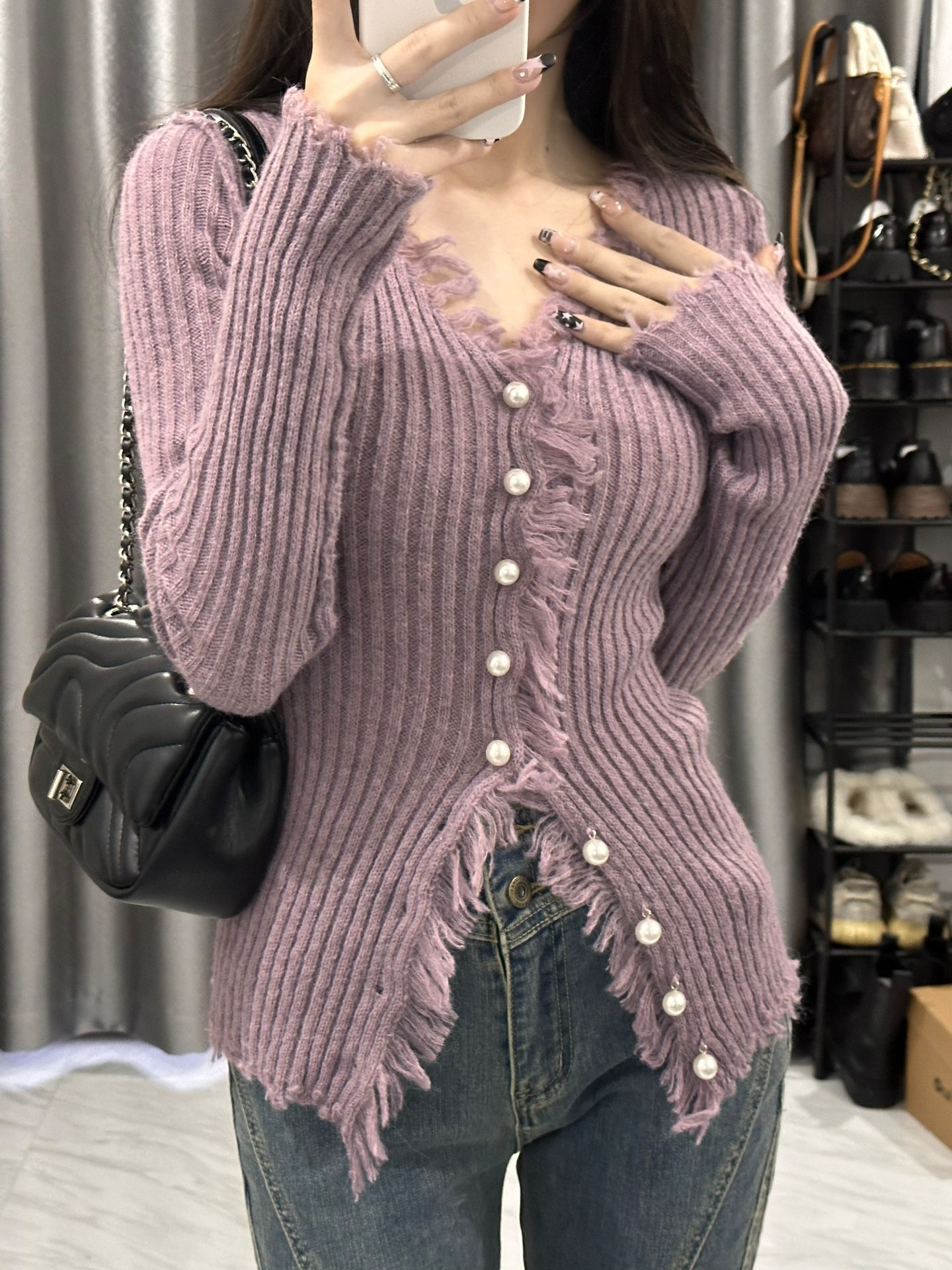 RM25733#韩版春季新款V领毛衣纯色修身型坑条加厚毛边设计感针织开衫女
