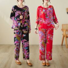 批发实拍新款棉绸中国红宽松显瘦长袖上衣+长裤两件套女
