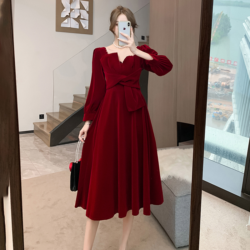 PF19427#敬酒服新娘蝴蝶结珍珠气质订婚连衣裙平时穿回门红色礼服女女裝貨源服裝批發